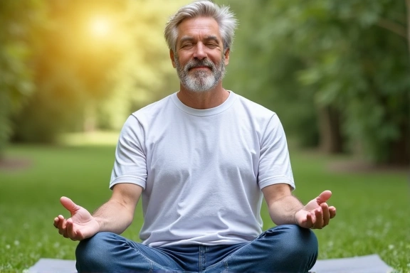 Mężczyzna medytujący w spokojnym otoczeniu, symbolizujący redukcję stresu.