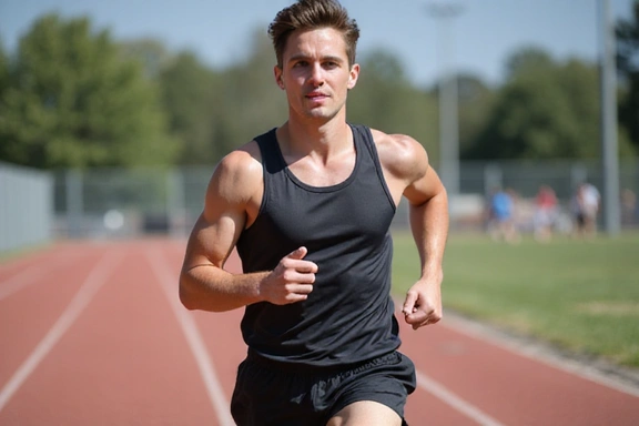 Sportowiec biegnący po bieżni, symbolizujący aktywność fizyczną.