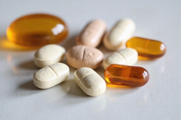 Suplementy diety w kapsułkach na stole, symbolizujące suplementację.