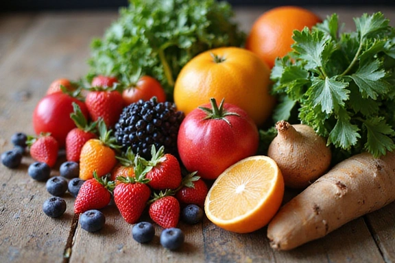 Zdrowe jedzenie na stole, symbolizujące wpływ diety na poziom glukozy.