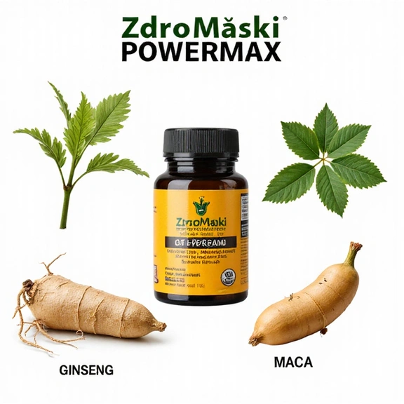 Ilustracja przedstawiająca kluczowe składniki Zdromoskicare PowerMax: buzdyganek, żeń-szeń, maca.