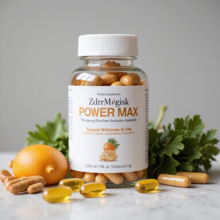 Wysokiej jakości zdjęcie suplementu Zdromoskicare PowerMax w eleganckim opakowaniu, z widocznymi kapsułkami i naturalnymi składnikami na tle
