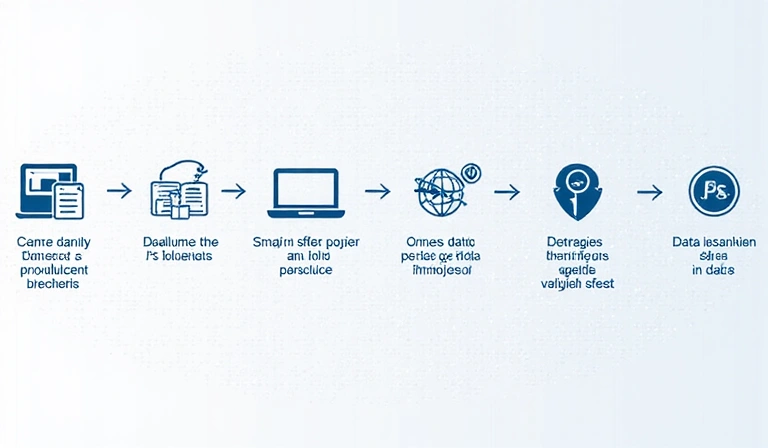 Diagram przedstawiający przepływ danych osobowych w systemie Zdromoskicare, z ikonami symbolizującymi różne etapy przetwarzania danych, takie jak zbieranie, przechowywanie, analiza i ochrona, w tle subtelne, nowoczesne wzory cyfrowe.