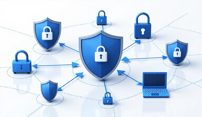 Grafika przedstawiająca bezpieczne połączenia sieciowe i ochronę danych, z symbolami kłódek i tarcz, podkreślająca bezpieczeństwo przesyłanych informacji.