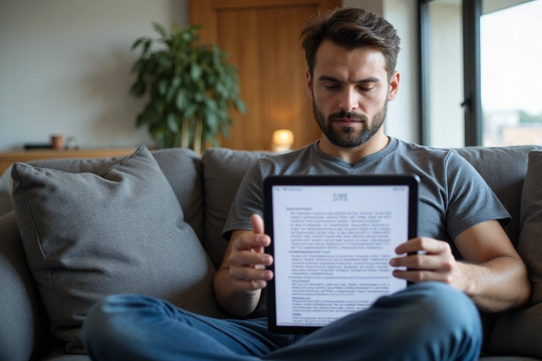 Mężczyzna czytający regulamin na tablecie